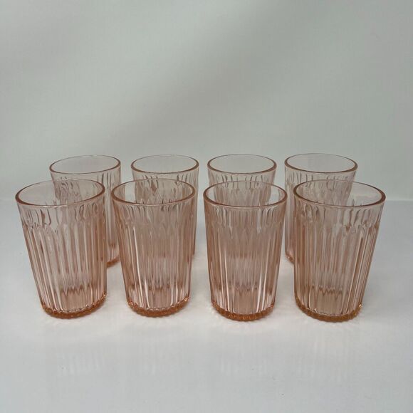 Vintage Pink Depression Tumblers Lace Edge 9 oz. Glasses Set of 8 - Picture 1 of 5